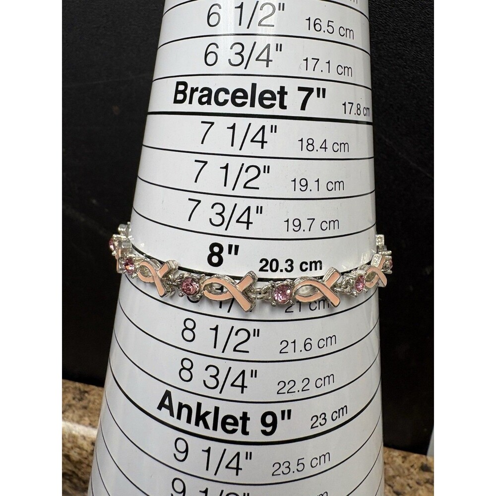 Pink Ribbon Breast Cancer Awareness Bracelet Rhinestone Silver Tone 8”